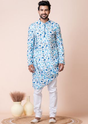 Turquoise Readymade Cotton Men Printed Kurta Pajama