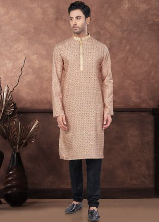 Beige Digital Printed Readymade Men Kurta In Jacquard 