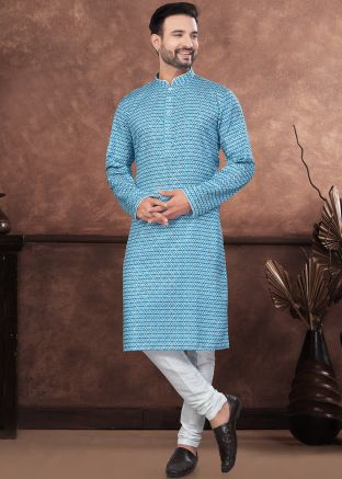 Blue Digital Printed Readymade Jacquard Men Kurta 