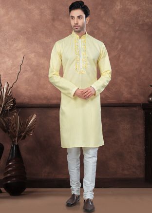 Yellow Cotton Men Readymade Kurta In Embroidery