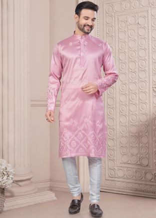 Pink Art Silk Men Readymade Kurta In Embroidery