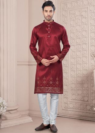 Maroon Readymade Embroidered Men Kurta In Art Silk