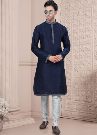 Navy Blue Readymade Plain Men Kurta In Art Silk