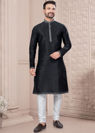 Black Art Silk Readymade Men Plain Kurta 