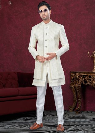 Cream Embroidered Jacket Style Indo Western Sherwani