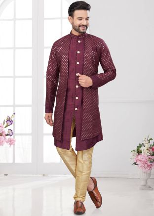 Maroon Embellished Jacket Style Indo Western Sherwani 