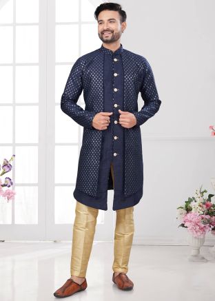 Navy Blue Embellished Jacket Style Indo Western Sherwani 