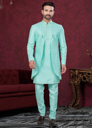 Turquoise Embroidered Jacket Style Indo Western Sherwani 