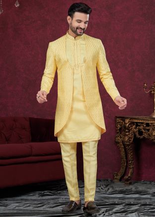 Yellow Embroidered Jacket Style Indo Western Sherwani 