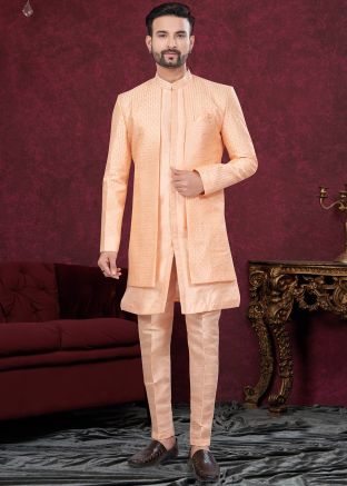 Peach Embroidered Jacket Style Indo Western Sherwani 