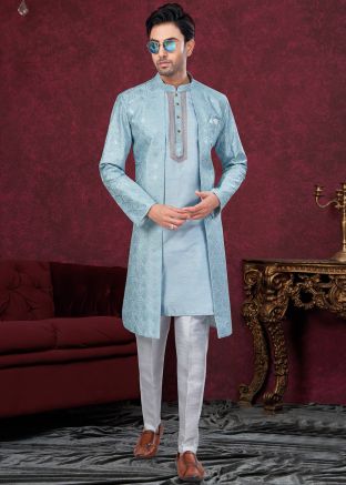 Men Blue Embroidered Jacket Style Indo Western Sherwani 