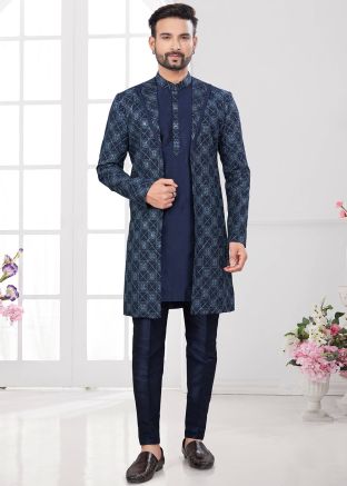 Navy Blue Embroidered Jacket Style Indo Western Sherwani