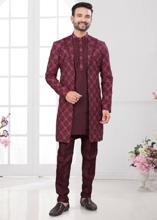 Embroidered Maroon Jacket Style Indo Western Sherwani