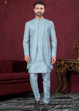 Embroidered Sky Blue Jacket Style Indo Western Sherwani