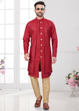 Embroidered Jacket Style Red Indo Western Sherwani