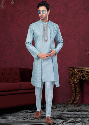 Embroidered Sky Blue Jacket Style Indo Western Sherwani