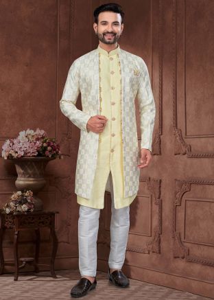 Embroidered Jacket Style Yellow Indo Western Sherwani