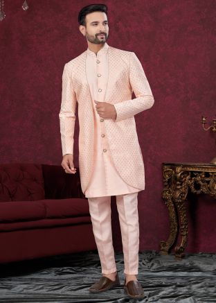 Embellished Jacket Style Peach Indo Western Sherwani
