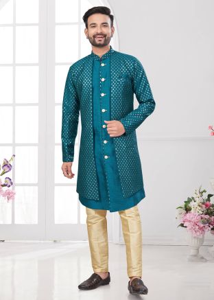 Embellished Jacket Style Teal Blue Indo Western Sherwani