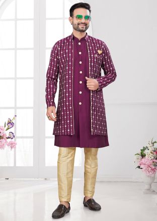 Wine Embroidered Indo Western Sherwani With Jacket