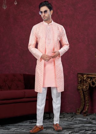 Peach Men Jacket Style Embroidered Indo Western Sherwani