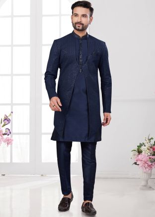 Navy Blue Jacket Style Embroidered Indo Western Sherwani