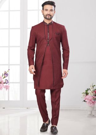 Maroon Jacket Style Embroidered Indo Western Sherwani
