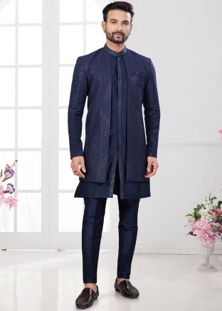 Jacket Style Embroidered Navy Blue Indo Western Sherwani