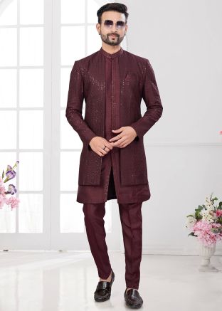 Jacket Style Embroidered Maroon Indo Western Sherwani