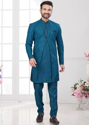 Jacket Style Embroidered Teal Blue Indo Western Sherwani