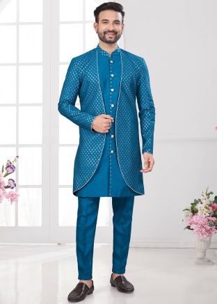 Jacket Style Embellished Indo Western Sherwani In Navy Blue