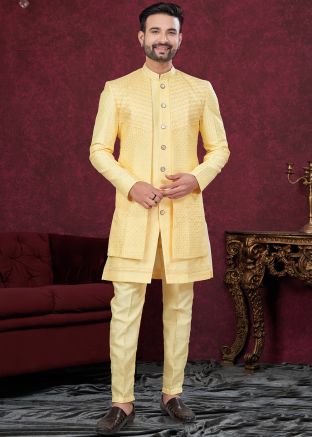 Yellow Men Jacket Style Embellished Indo Western Sherwani