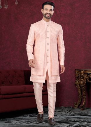 Peach Men Jacket Style Embellished Indo Western Sherwani
