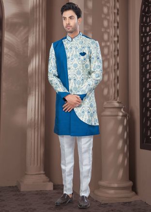 Blue Digital Print Overlapped Indo Western Sherwani