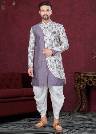 Purple Digital Print Overlapped Indo Western Sherwani With Dhoti