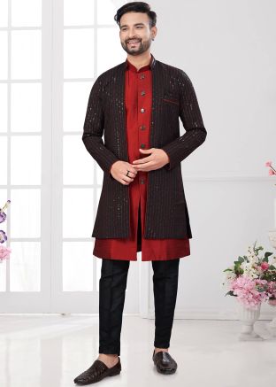 Maroon Embellished Indo Western Sherwani With Jacket