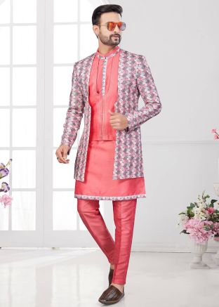 Coral Red Digital Print Jacket Style Indo Western Sherwani