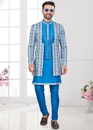 Digital Print Jacket Style Blue Indo Western Sherwani