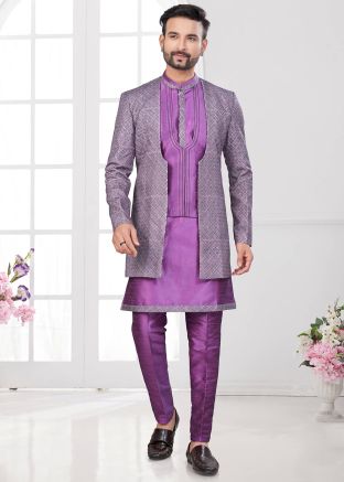 Digital Print Jacket Style Purple Indo Western Sherwani