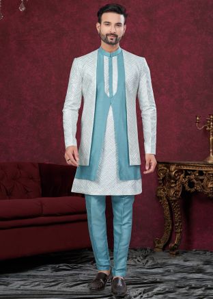 Blue & Off White Jacket Style Indo Western Sherwani