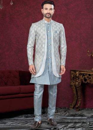Grey Embroidered Jacket Style Indo Western Sherwani