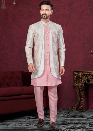 Pink & Off White Embroidered Jacket Style Indo Western Sherwani