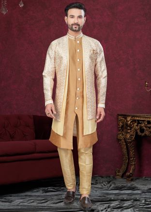 Beige & Golden Jacket Style Indo Western Sherwani