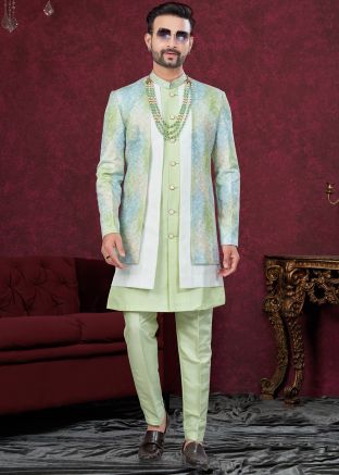 Green & Off White Jacket Style Indo Western Sherwani