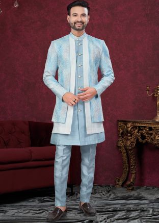 Blue & Off White Jacket Style Indo Western Sherwani