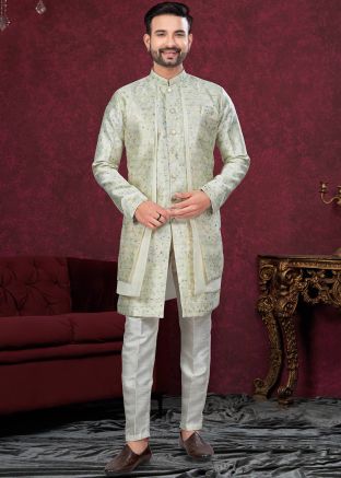 Green Woven Jacket Style Indo Western Sherwani