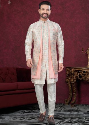Cream & Pink Woven Jacket Style Indo Western Sherwani