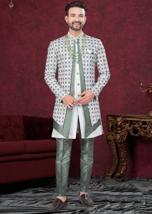 Off White & Grey Printed Jacket Style Indo Western Sherwani