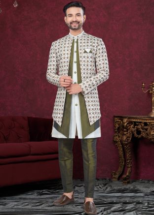 Off White & Green Printed Jacket Style Indo Western Sherwani