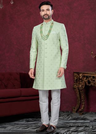 Green Woven Indo Western Sherwani In Jacquard